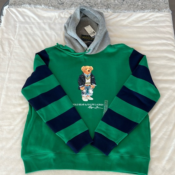 🎉Host Pick🎉Polo Ralph Lauren Green Polo Bear Hoodie w/ Navy Striped Sleeves XL - Picture 2 of 13